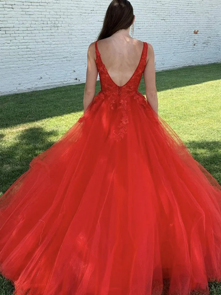 V Neck Red Beaded Lace Long Prom Dresses, Red V Neck Beaded Lace Formal Evening Ball Gown