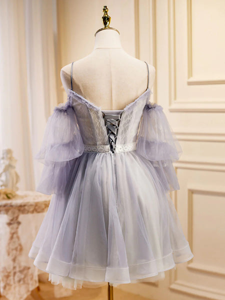 A Line Light Purple Lace Tulle Short Prom Dresses,  Light Purple Lace Homecoming Dresses