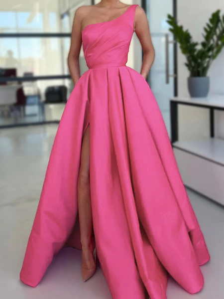 One Shoulder Pink Satin Long Prom Dresses with High Slit, Pink Satin Long Formal Evening Dresses