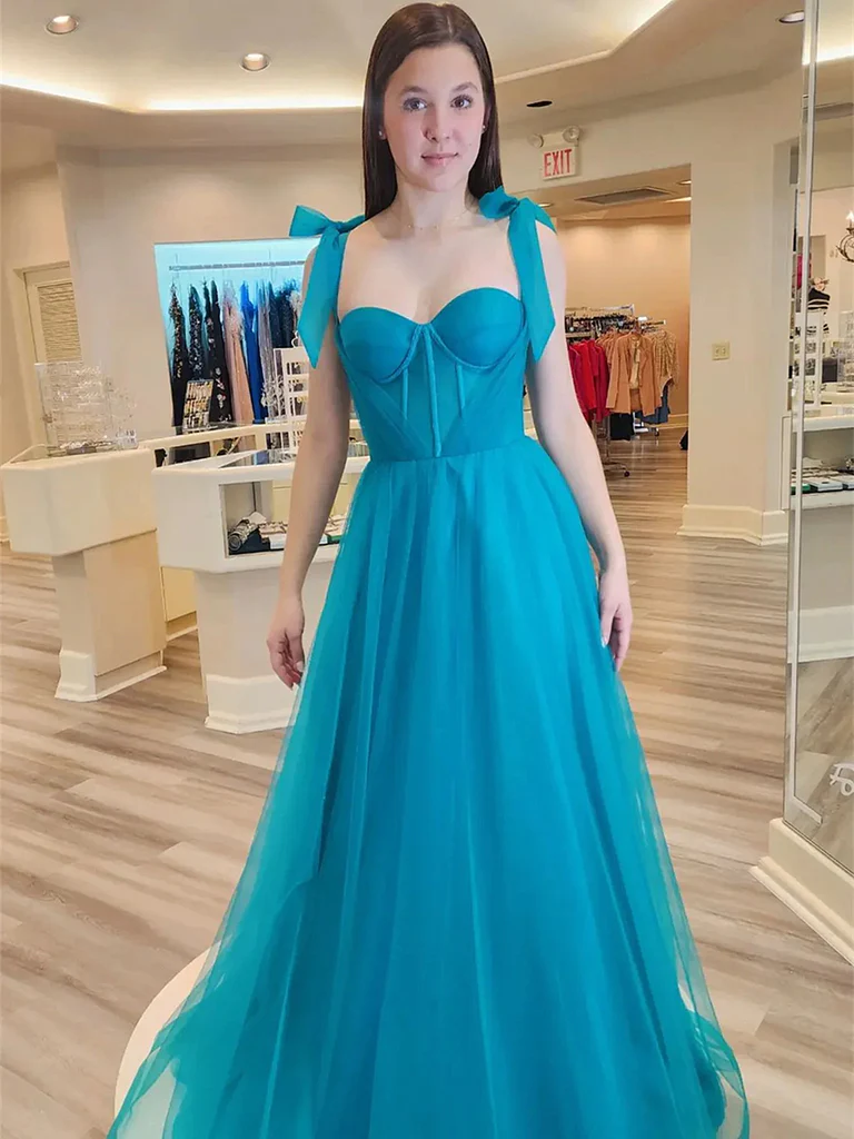 Jade Sweetheart Neck Bow Tie Shoulder Tulle Long Prom Dress, Blue Long Tulle Formal Evening Dresses