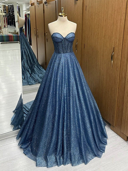 A Line Sweetheart Neck Tulle  Blue Long Prom Dresses, Blue Beads Tulle Long Formal Dresses