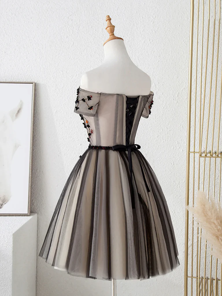 Off the Shoulder Short Black Floral Tulle Prom Dresses, Off Shoulder S morievent Off the Shoulder Short Black Floral Tulle Prom Dresses, Off Shoulder S morievent