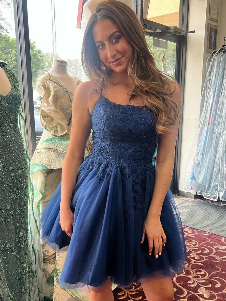 A Line Straps Navy Blue Lace Short Prom Dresses, Short Lace Dark Blue – morievent