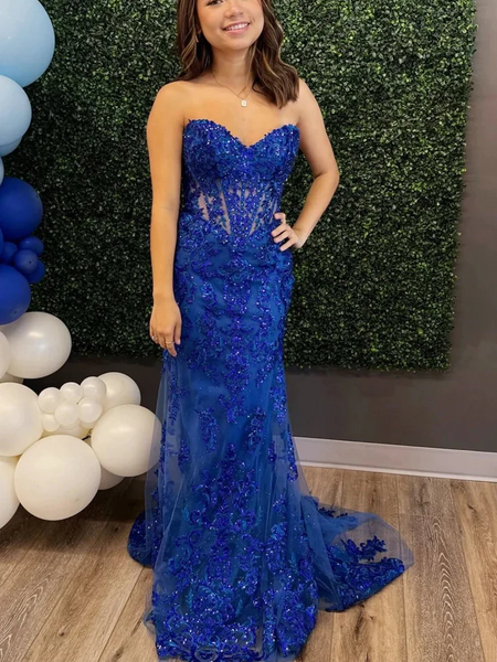 Strapless Mermaid Blue Lace Sequins Backless Long Prom Dresses,  Mermaid Blue Lace Formal Evening Dresses