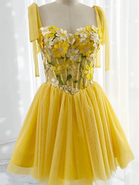 Knee Length Yellow Lace Tulle Short Prom Dresses, Cute 3D Flowers A Line Yellow Formal Evening Dresses