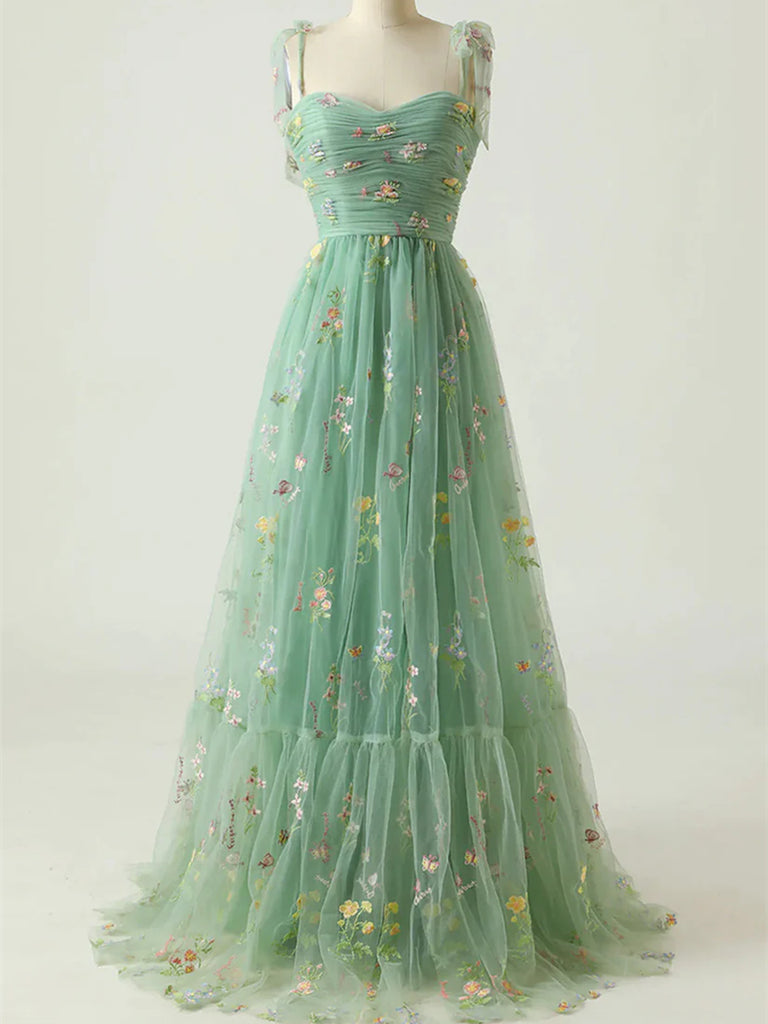 Beautiful Green Floral Tulle Long Prom Dresses， Sweetheart Neck Green Tulle Long Formal Evening Dresses with Appliques