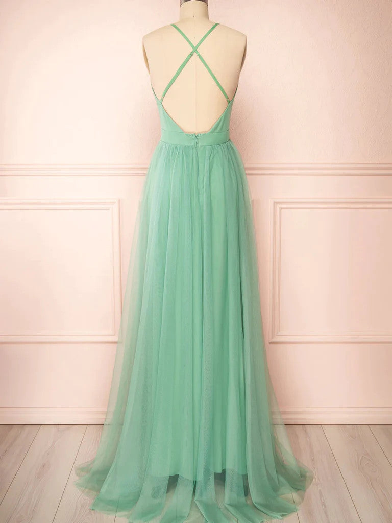 A Line V Neck Backless Sage Tulle Long Prom Dresses, Sage Open Back Fo morievent A Line V Neck Backless Sage Tulle Long Prom Dresses, Sage Open Back Fo morievent