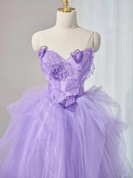 A Line Sweetheart Neck Tulle Purple Long with 3D Flowers, Purple Sweetheart Neck Tulle Lace Applique Long Formal Evening Dresses