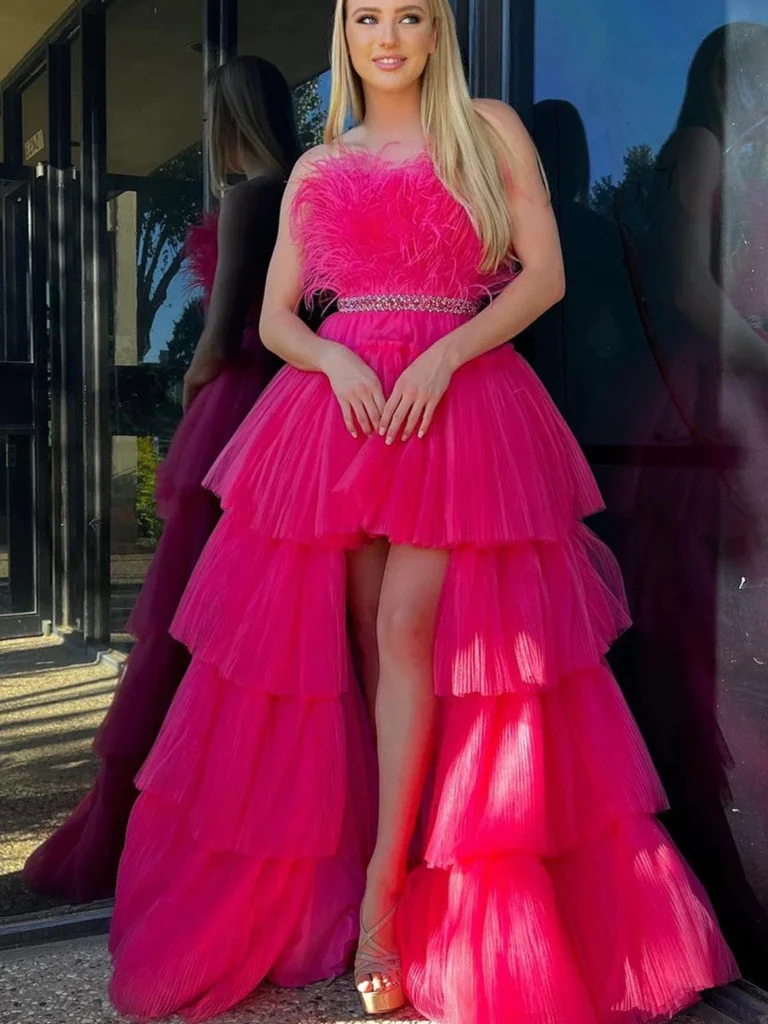 Strapless High Low Hot Pink Feathers Long Prom Dresses, Strapless High morievent Strapless High Low Hot Pink Feathers Long Prom Dresses, Strapless High morievent