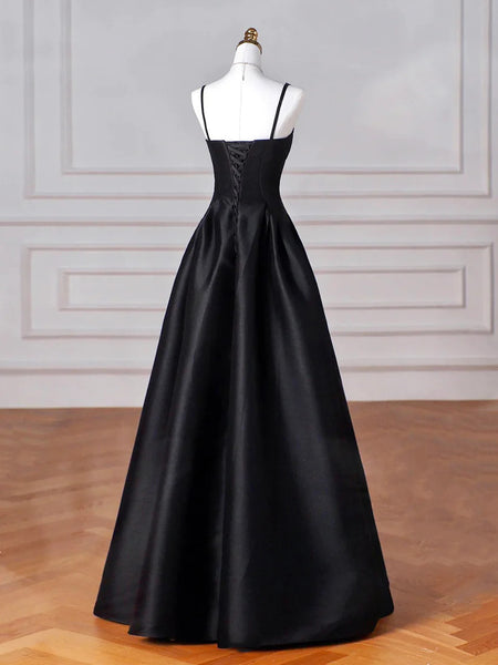 Black Spaghetti Strap Satin Long Prom Dresses, A Line Black Formal Eve