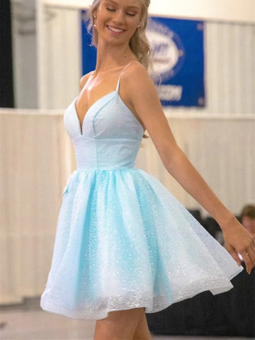 Short  V Neck Light Blue Tulle Prom Dresses, V Neck Light Blue Formal Evening Homecoming Dresses