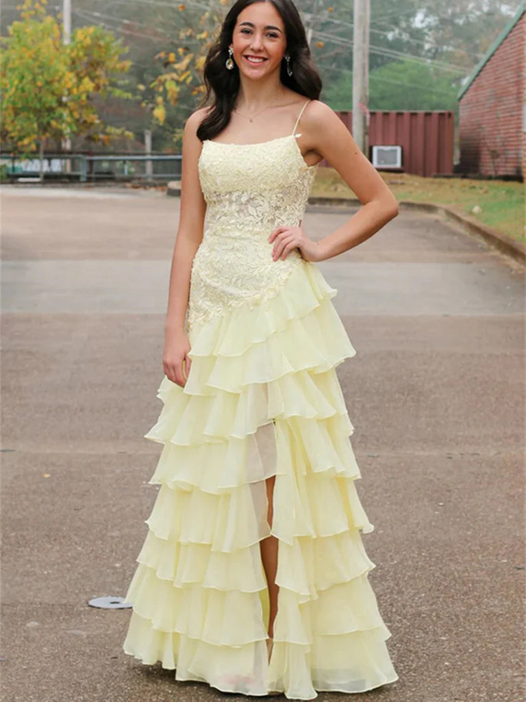 Elegant Layered Yellow Lace Long Prom Dresses with High Slit, Layered morievent Elegant Layered Yellow Lace Long Prom Dresses with High Slit, Layered morievent