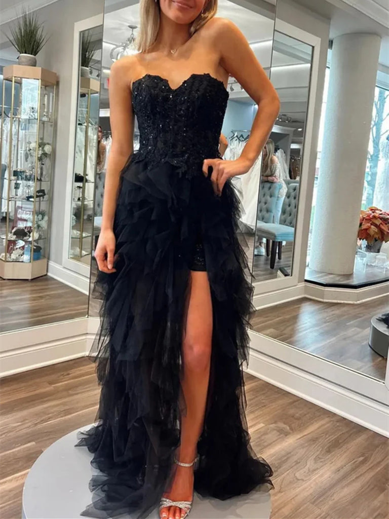 Princess Strapless Beaded Black Lace Ruffle Tulle Long Prom Dresses wi morievent Princess Strapless Beaded Black Lace Ruffle Tulle Long Prom Dresses wi morievent