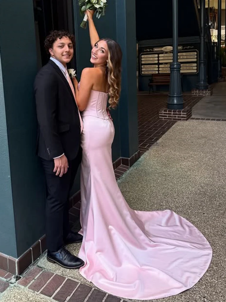 Strapless Mermaid Pink Satin Long Prom Dresses with High Slit, Mermaid Pink Formal Evening Dresses