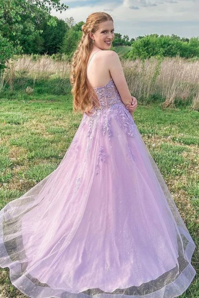 V Neck Purple Lace Long Backless Long Prom Dresses, V Neck Lilac Lace Open Back Formal Evening Dresses