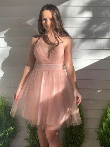 V Neck Backless Pink Short Tulle Prom Dreses, Short Pink V Neck Formal Evening Homecoming Dresses