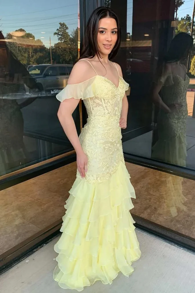 Off The Shoulder Mermaid Yellow Lace Long Prom Dresses, Layered Yellow morievent Off The Shoulder Mermaid Yellow Lace Long Prom Dresses, Layered Yellow morievent
