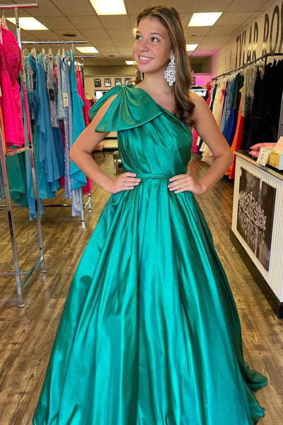 One Shoulder Green Satin Long Prom Dresses, One Shoulder Green Satin Long  Formal Evening Dresses