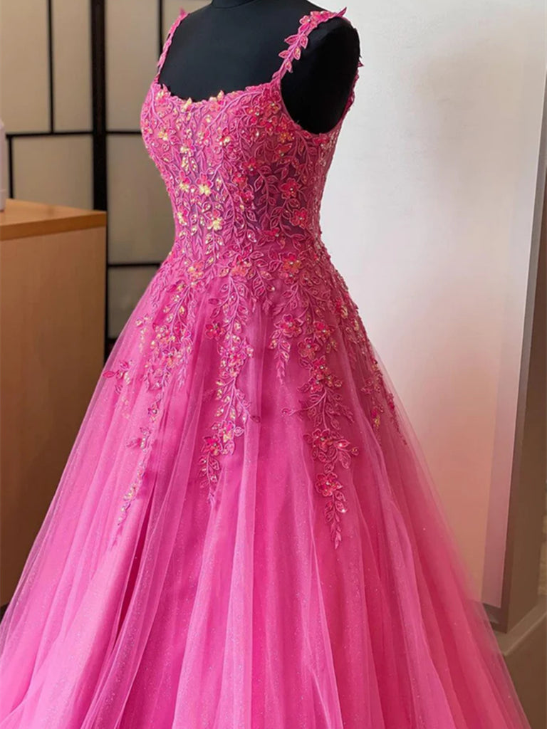 Simple Pink Lace Floral Tulle Long Prom Dresses, Pink Lace Appliques T morievent Simple Pink Lace Floral Tulle Long Prom Dresses, Pink Lace Appliques T morievent