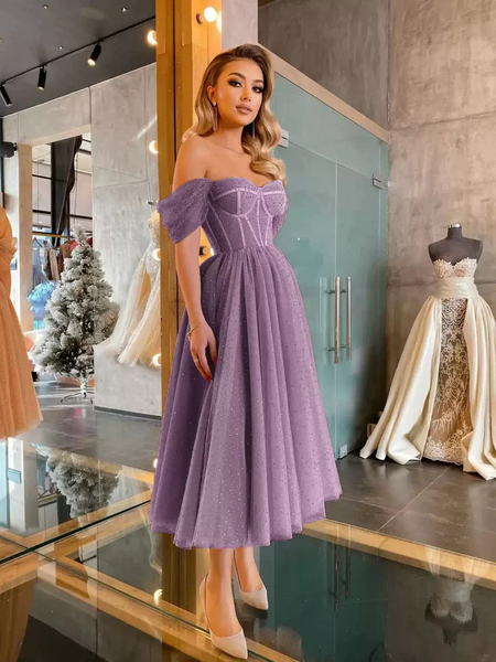 Off Shoulder Purple Beaded Tea Length Prom Dresses,Off the Shoulder Purple Beaded Tea Length Formal  Evening Graduation Dresses