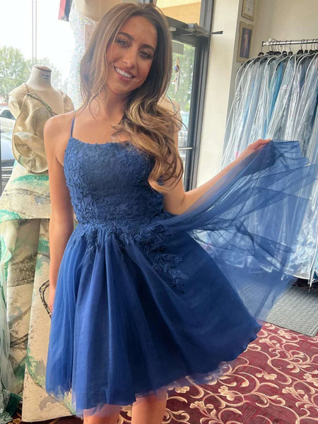 Blue Lace Tulle Short Prom Dresses, Short Blue Lace Tulle Formal Graduation Evening Homecoming Dresses