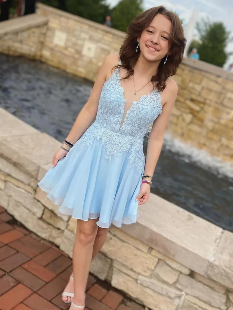 Short V Neck Light Blue Lace Prom Dresses, Light Blue Lace Backless Fo