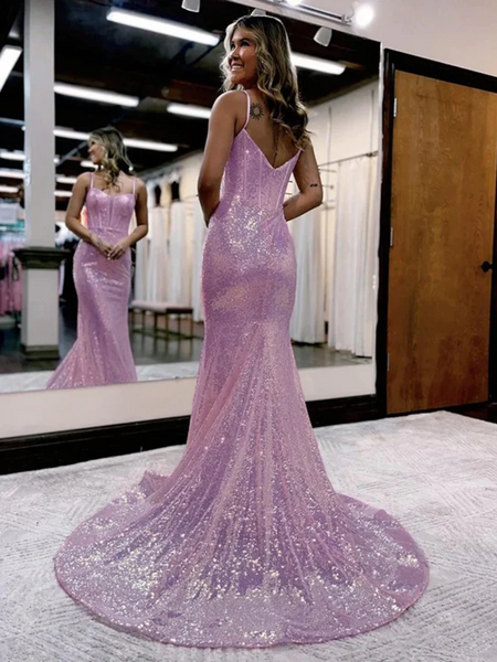 V Neck Mermaid Lilac Sequins Long Prom Dresses, V Neck Mermaid Purple Sequins Long Formal Evening Dresses