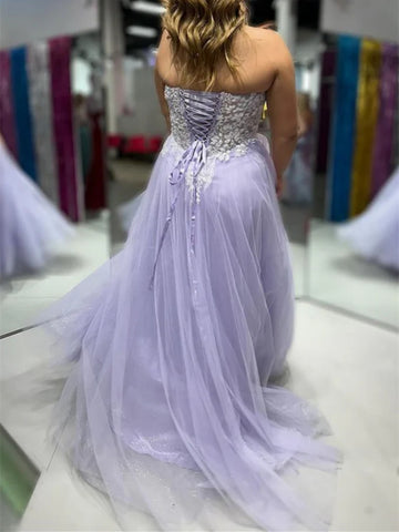 Strapless Sweetheart Neck Lilac Tulle Long Prom Dresses with Appliques, Purple  Lace Tulle Long Formal  Evening Dresses