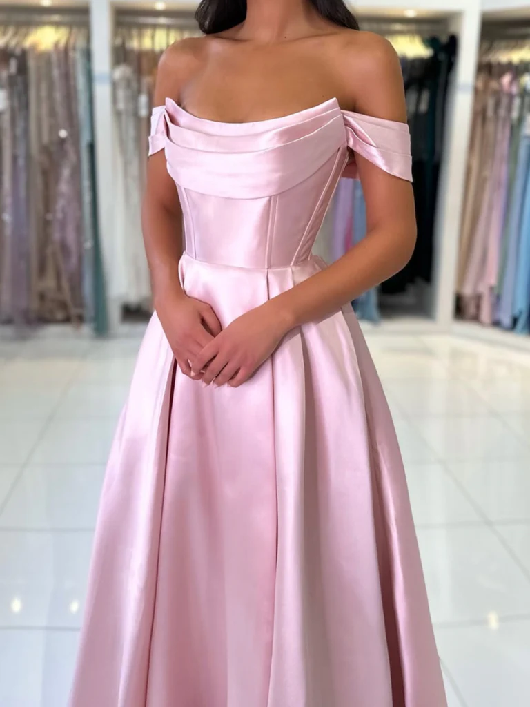 Off Shoulder Pink Satin Long Prom Dresses, Off the Shoulder Pink Long morievent Off Shoulder Pink Satin Long Prom Dresses, Off the Shoulder Pink Long morievent