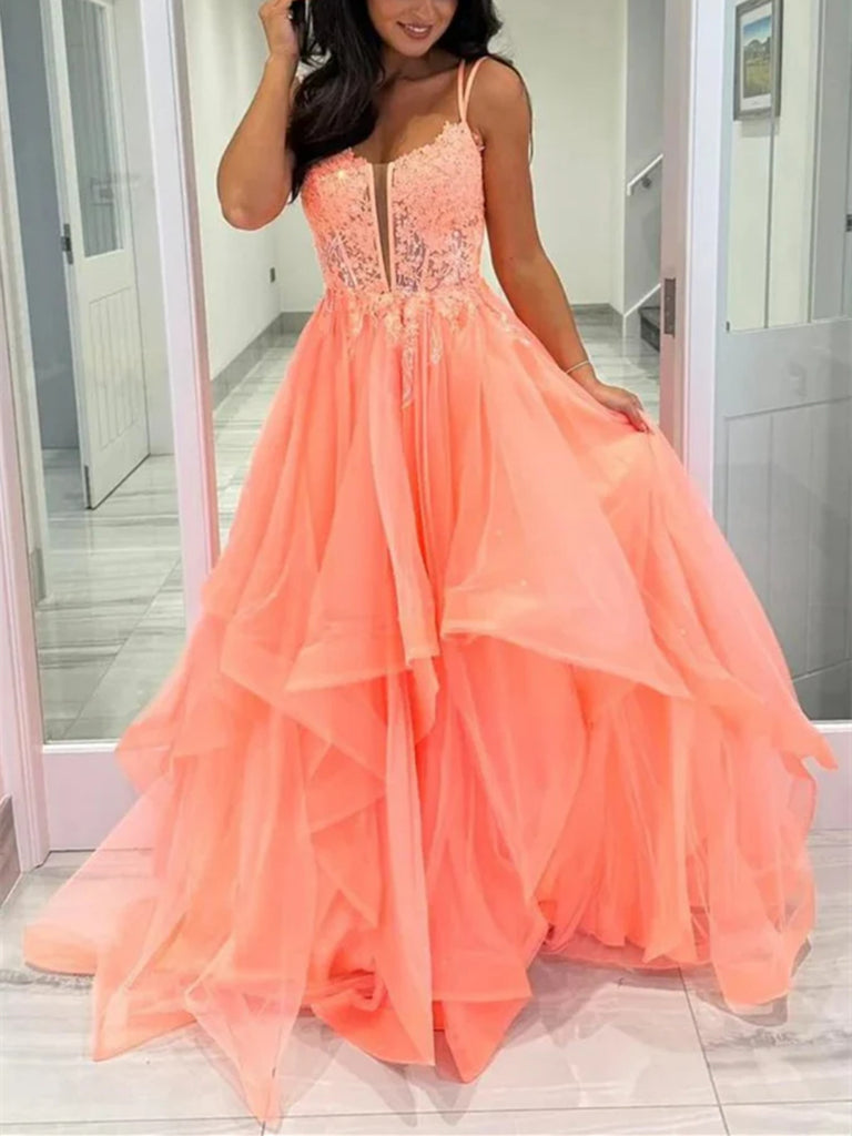 A Line V Neck Open Back Coral Lace Long Prom Dresses, Fluffy Backless morievent A Line V Neck Open Back Coral Lace Long Prom Dresses, Fluffy Backless morievent