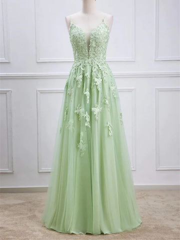 A Line V Neck Beaded Green Lace Long Prom Dresses, V Neck Beaded Green Lace Long Formal Evening Dresses