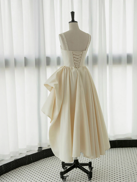 Champagne Satin Tea Length Prom Dresses,  Short Champagne Formal Evening Dresses