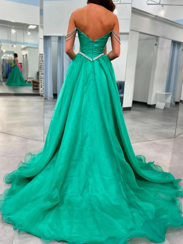 Beaded Green Off The Shoulder Green Long Prom Dresses with High Slit, morievent Beaded Green Off The Shoulder Green Long Prom Dresses with High Slit, morievent
