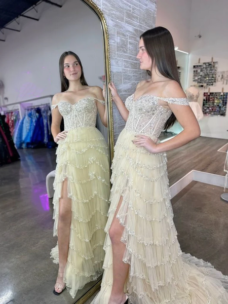 Elegant Off Shoulder Champagne Lace Long Prom Dresses with High Split, Champagne Lace Formal Evening Dresses