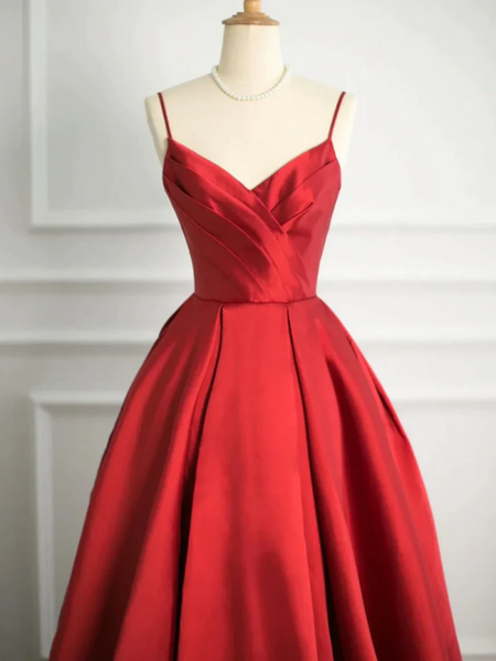 A Line V Neck Open Back Red Satin Long Prom Dresses, V Neck Backless Red Satin Long  Formal Graduation Evening Dresses