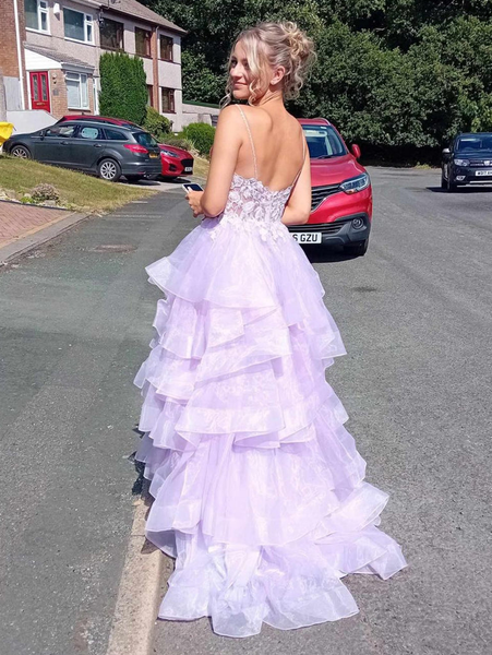 A Line V Neck Layered Lilac Lace Long Prom Dresses, Lilac Lace Formal Evening Dresses