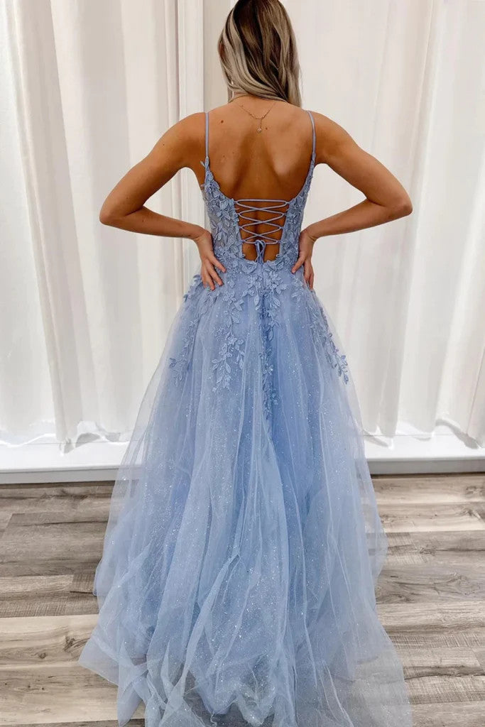 A Line V Neck Open Back Blue Lace Long Prom Dresses, V Neck Open Back morievent A Line V Neck Open Back Blue Lace Long Prom Dresses, V Neck Open Back morievent