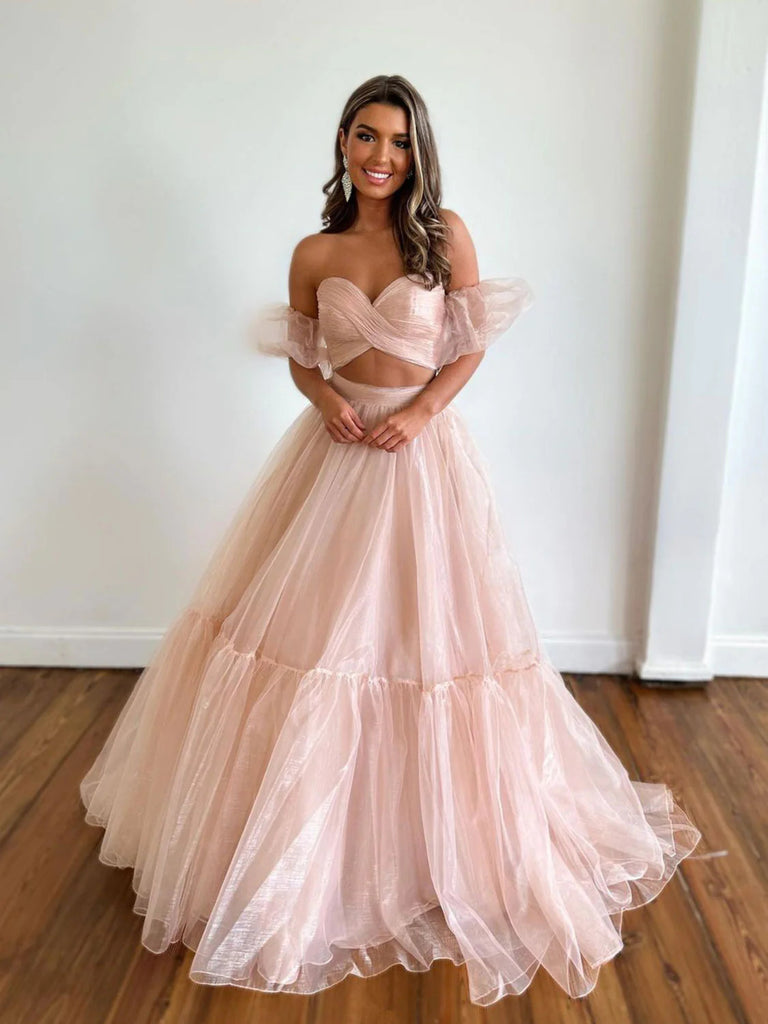 A Line Sweetheart Neck Two Pieces Pink Tulle Long Prom Dresses, 2 Piec morievent A Line Sweetheart Neck Two Pieces Pink Tulle Long Prom Dresses, 2 Piec morievent