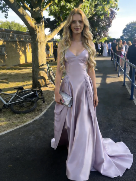 V Neck Purple Backless Long Prom Dresses, Open Back Purple Lace Formal Evening Dresses