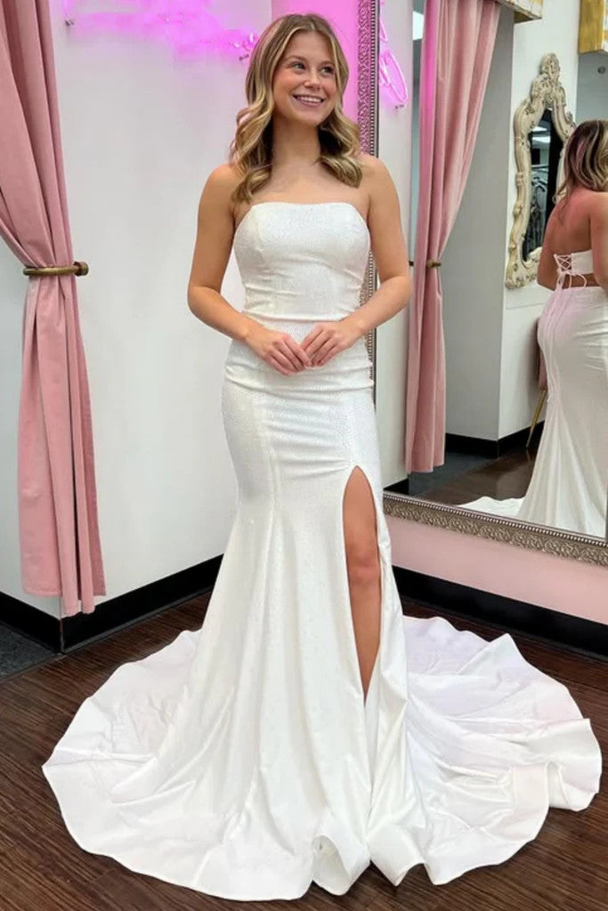 Strapless Mermaid White Satin Long Prom Dresses with High Slit, Mermai morievent Strapless Mermaid White Satin Long Prom Dresses with High Slit, Mermai morievent