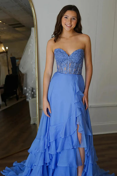 Strapless Layered Blue Lace Long Prom Dresses with High Slit, Layered Blue Lace Long  Formal Graduation Evening Dresses