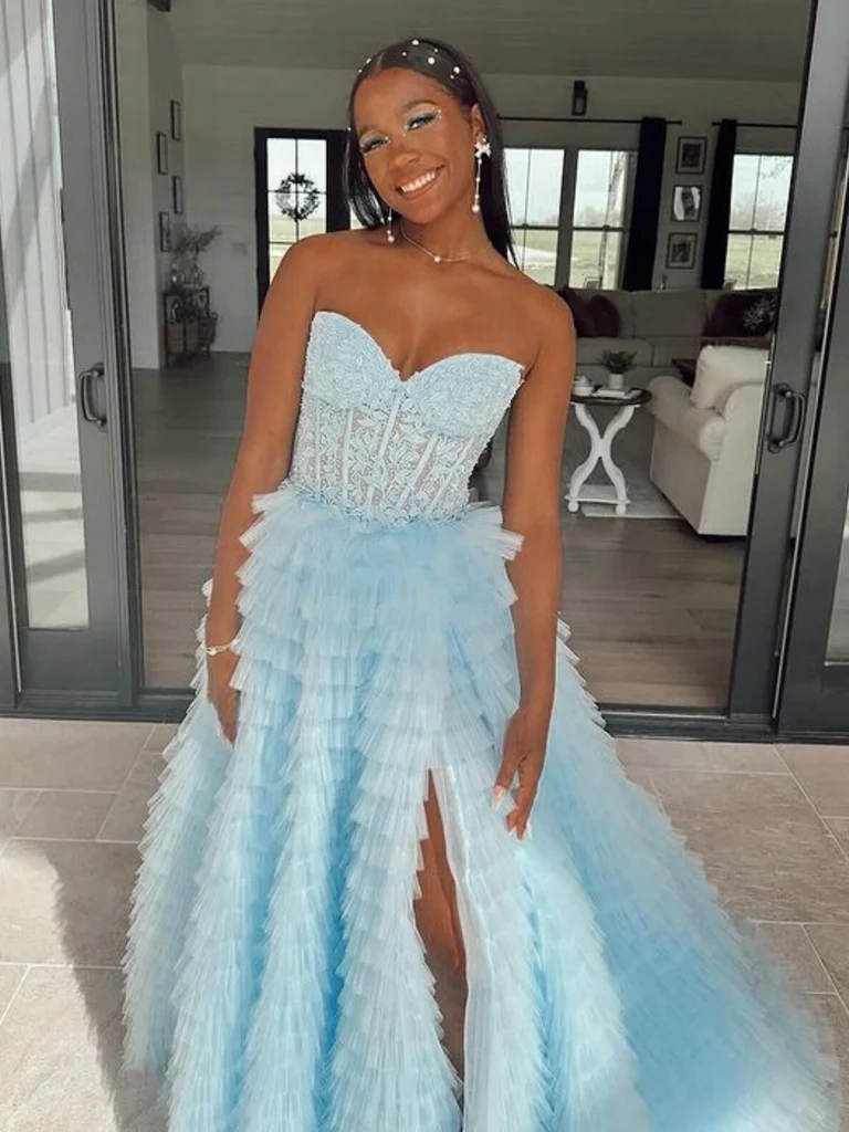 Strapless Light Blue Lace Long Ruffle Prom Dresses with High Slit, Lac morievent Strapless Light Blue Lace Long Ruffle Prom Dresses with High Slit, Lac morievent