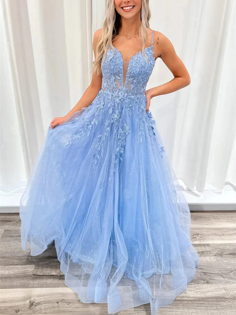 A Line V Neck Open Back Blue Lace Long Prom Dresses, V Neck Open Back morievent A Line V Neck Open Back Blue Lace Long Prom Dresses, V Neck Open Back morievent