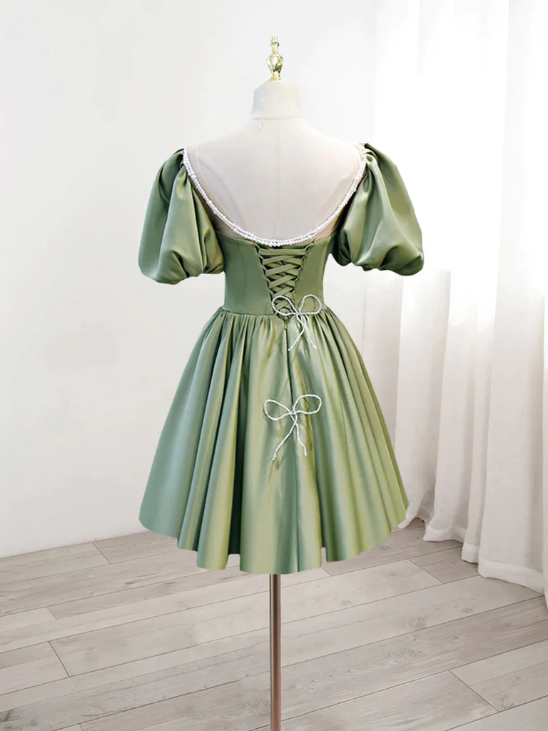 Short Sleeves Satin Short Green Prom Dresses, Short Green Formal Eveni morievent Short Sleeves Satin Short Green Prom Dresses, Short Green Formal Eveni morievent