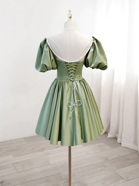 Short Sleeves Satin Short Green Prom Dresses, Short Green Formal Evening Homecoming Graduation Dresses