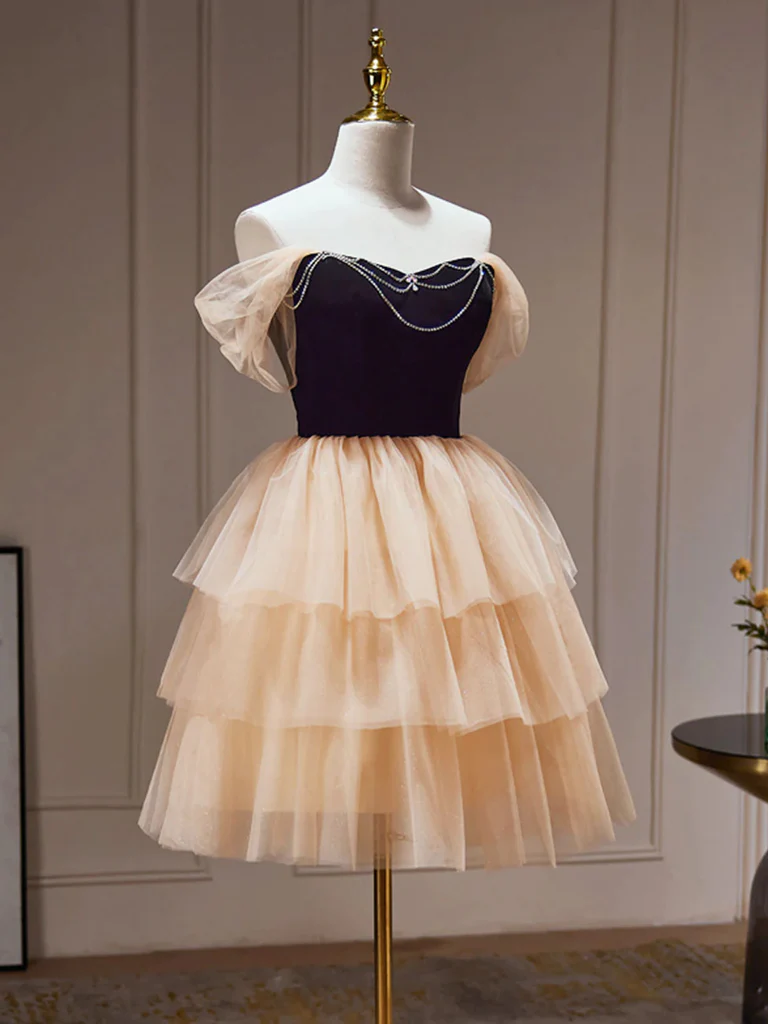 Off Shoulder Black Champagne Short Prom Dresses, Off The Shoulder Shor morievent Off Shoulder Black Champagne Short Prom Dresses, Off The Shoulder Shor morievent