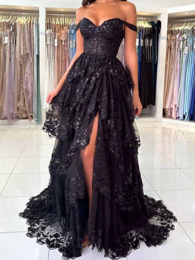 Off Shoulder Black Lace Layered Long Prom Dresses, Off the Shoulder Bl morievent Off Shoulder Black Lace Layered Long Prom Dresses, Off the Shoulder Bl morievent