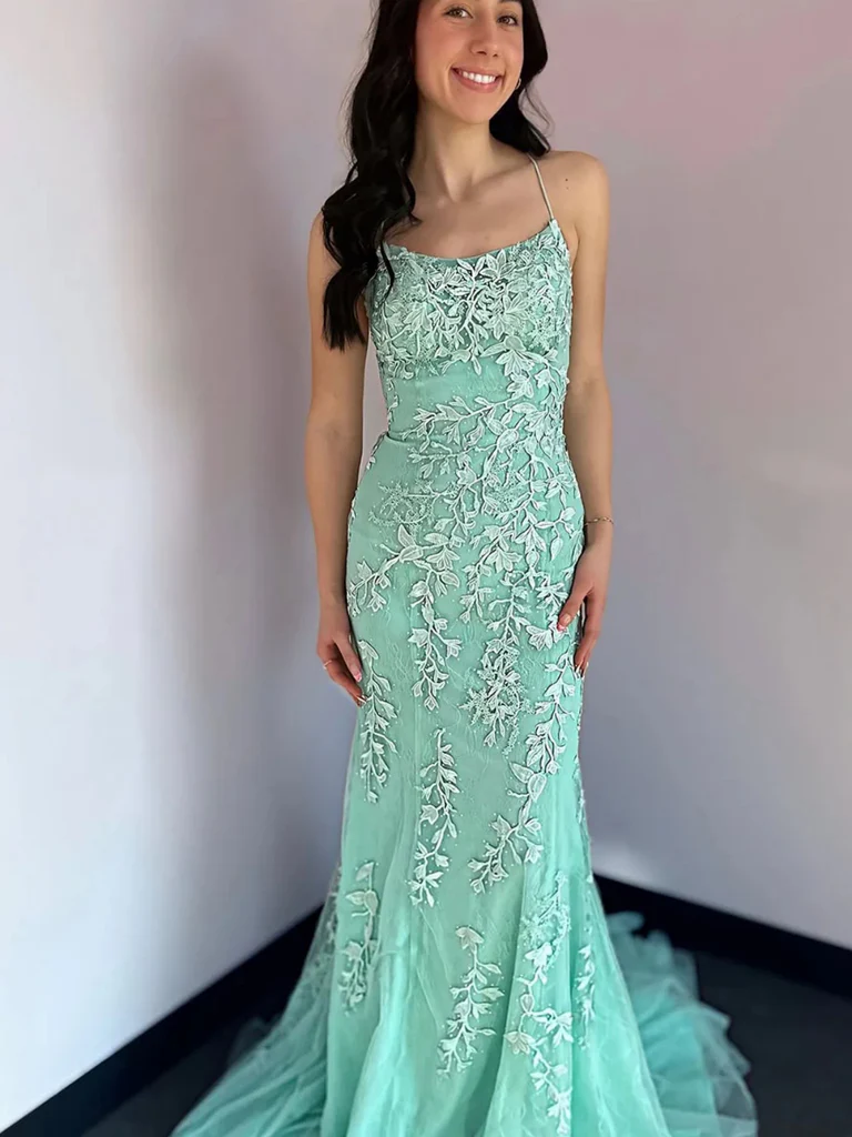 Mint Green Mermaid Backless Lace Long Prom Dresses, Mint Green Lace Fo morievent Mint Green Mermaid Backless Lace Long Prom Dresses, Mint Green Lace Fo morievent