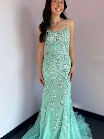 Mint Green Mermaid Backless Lace Long Prom Dresses, Mint Green Lace Formal Evening Graduation Dresses