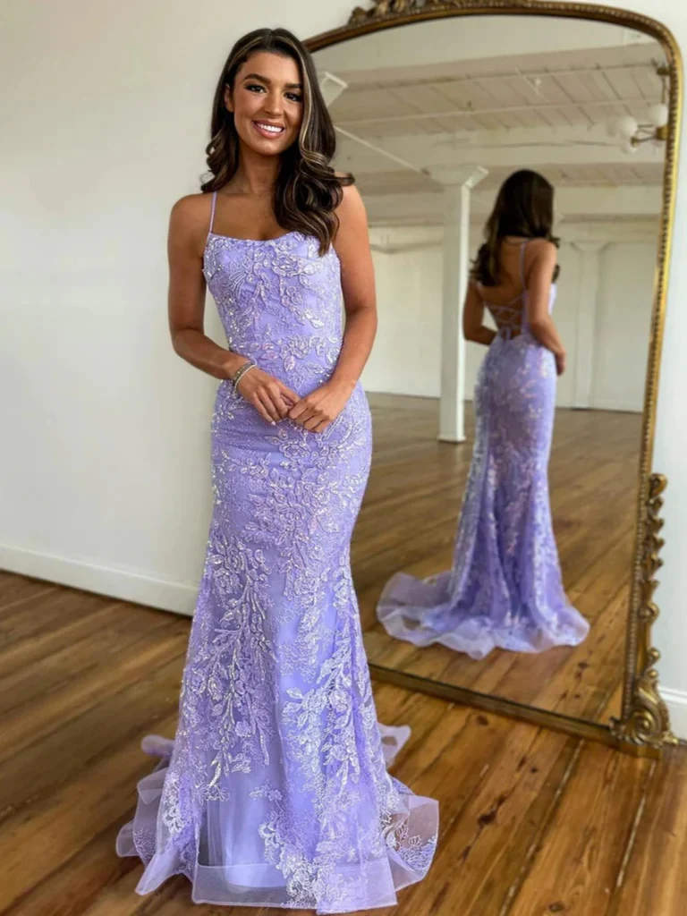 purple lace prom dress Open Back Mermaid Purple Lace Prom Dresses, Backless Mermaid Purple La – morievent